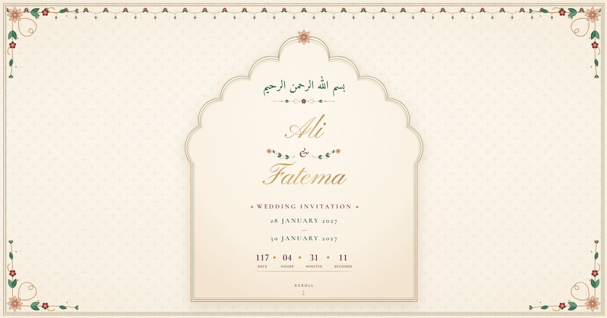 Meher: gold script on ivory with jewel-toned florals